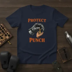 Protect Punch t-shirt design featuring a robotic hand holding a chess piece while a human hand supports it