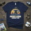 Protect & Serve Community Hero t-shirt design with cartoon police officer giving thumbs up