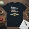 T-shirt with the text "Protect and fund public education" in colorful font, featuring a bridge graphic connecting schools and a