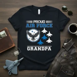 Proud Air Force Grandpa t-shirt with eagle emblem and fighter jets graphic