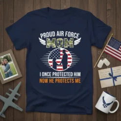 Proud Air Force Mom I Once Protected Him Now He Protects Me t-shirt design with patriotic imagery and military mom