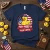 Proud American Duck Lover text on a navy t-shirt with a patriotic duck graphic and American flag elements