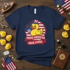 Proud American Duck Lover text on a navy t-shirt with a patriotic duck graphic and American flag elements