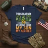 Proud Army Dad Welcome Home My Son My Soldier t-shirt with camouflage DAD text and American star graphic