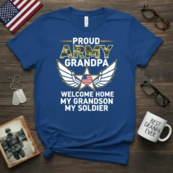 Proud Army Grandpa Welcome Home My Grandson My Soldier t-shirt with military-style graphics and American flag accent