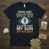 Proud Army Mom Welcome Home My Son My Soldier t-shirt with camouflage Mom text and soldier silhouette graphic