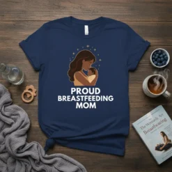 Proud Breastfeeding Mom t-shirt design featuring a mother holding her baby and the text "PROUD BREASTFEEDING MOM" in white font