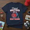 Proud Brother of a Heart Warrior t-shirt with red heart, gears, and EKG line graphic