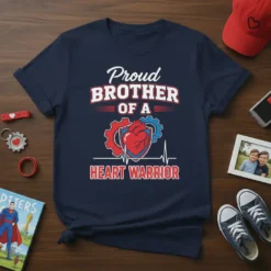 Proud Brother of a Heart Warrior t-shirt with red heart, gears, and EKG line graphic