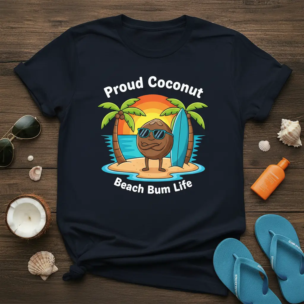 Proud Coconut Beach Bum Life text on a t-shirt with a cartoon coconut character and beach scene