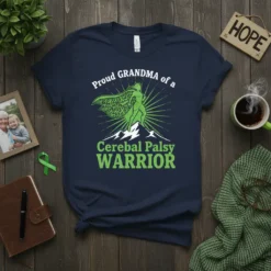 Proud Grandma of a Cerebral Palsy Warrior t-shirt with green ribbon cape graphic and mountains