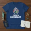 Proud Immigrant t-shirt featuring text and a globe graphic surrounded by international flags