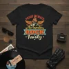 Proud Member of the Legendary Rock Family text design with fiery guitar and wings graphic on a black t-shirt