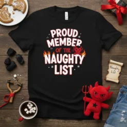 Proud Member of the Naughty List t-shirt with devil graphic and flames, featuring bold white and red text on black
