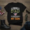 Proud Military Police Dad My Favorite Soldier Is My Son t-shirt design with camouflage DAD text and shield graphic