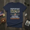 Proud Military Police Dad t-shirt with camouflage "DAD" text and quote about daughter serving the country