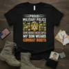 Proud Military Police Mom t-shirt with text "Some Heroes Wear Capes My Son Wears Combat Boots" and military police badge