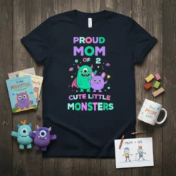 Proud Mom of 2 Cute Little Monsters text with green and purple cartoon monsters graphic on a navy t-shirt
