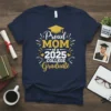 Proud Mom of a 2025 College Graduate t-shirt with gold graduation cap and festive accents