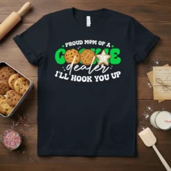 Proud Mom of a Cookie Dealer I'll Hook You Up text design with cookie graphics on a dark t-shirt