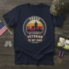Proud My Favorite Veteran Is My Dad T-Shirt with silhouette of father and child walking towards sunset, American flag, and