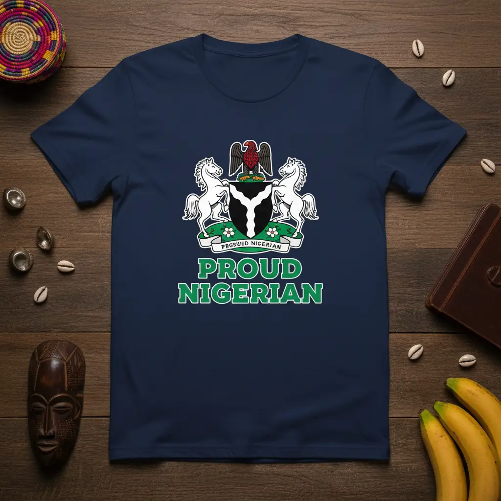 PROUD NIGERIAN text and Nigerian coat of arms graphic on a navy blue t-shirt