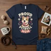 Proud Pitbull Mom t-shirt featuring a happy pitbull illustration with paw prints and hearts