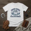Proud Rider of an Fantastic Iceland Horse text with running horse graphic and mountains on a white t-shirt