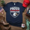 Proud Tpublican t-shirt with an eagle graphic, bold text, and patriotic design elements in navy blue