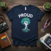 Navy blue t-shirt with the word "PROUD" in white, above a tree graphic with a raised fist as the trunk