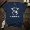 Proud to be Catholic t-shirt with shield emblem featuring cross and sacred heart