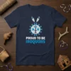 Proud To Be Iroquois T-Shirt with a circular Native American-inspired design and feathers