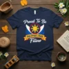 Proud To Be Philippines Pride Filino text with Philippine flag graphic on a navy blue t-shirt