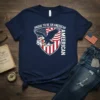 Proud to be an American American text with eagle and USA flag shield design on navy t-shirt