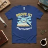 Prove It! #Textevidence quote on a blue t-shirt, featuring a magnifying glass over an open book and scrolling text banners