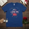 Blue t-shirt with "PS I LOVE YOU" text inside a heart, featuring a red envelope graphic