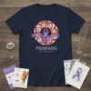 Navy blue t-shirt with a colorful circular design and a purple awareness ribbon, text reads "PSORIASIS AWARENESS"