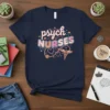 Psych Nurses text design with caduceus symbol and hearts on a navy t-shirt