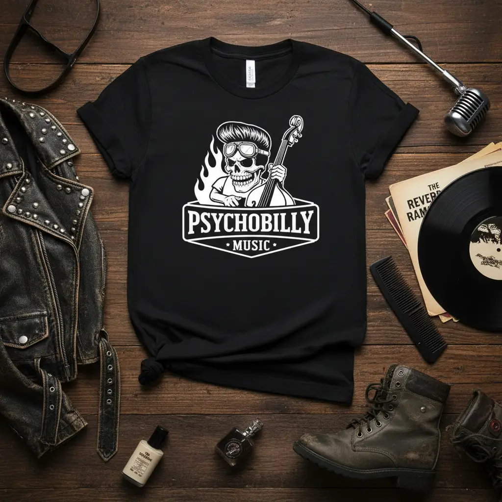 Psychobilly Music design featuring a skeleton playing bass with flames and retro typography