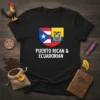 Puerto Rican and Ecuadorian flags combined in a shield above the text "PUERTO RICAN & ECUADORIAN" on a black t-shirt