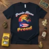 Puerto Rican Proud t-shirt design with Coqui frog, Puerto Rico flag, palm tree, and sunset graphic
