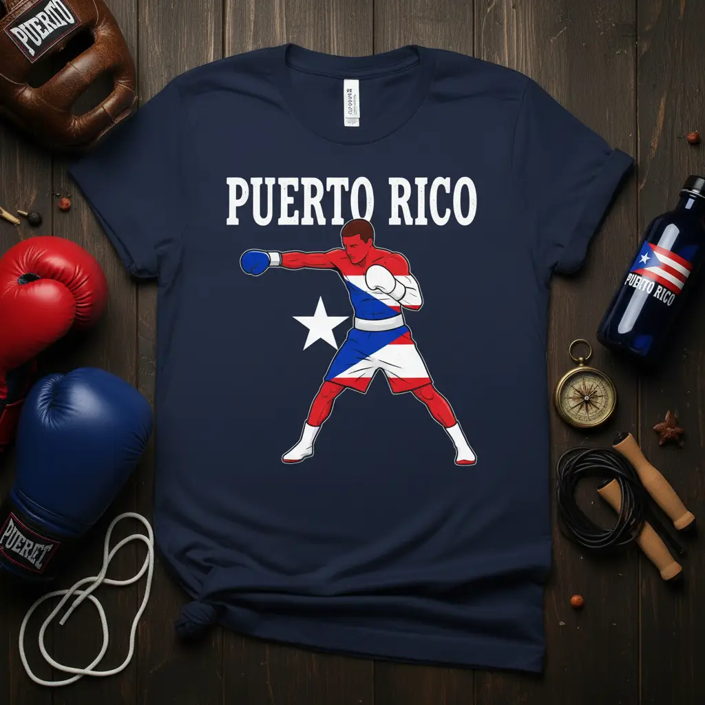 Puerto Rico boxer graphic with flag colors and text, representing island pride