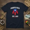 Puerto Rico EST. 1493 t-shirt with distressed flag graphic and bold white text