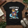 Puerto Rico Explore Discover Coqui t-shirt design with a cartoon frog adventurer wearing a hat and cape, holding a camera