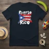 Puerto Rico flag design with bold white text on a navy t-shirt, showcasing island pride