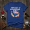 T-shirt design with text "Puerto Rico is not a floating island of garbage" above Puerto Rican flag map held by