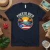 Puerto Rico Isla Del Encanto t-shirt design featuring a sunset beach scene with palm trees and the Puerto Rican flag