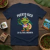 Puerto Rico La Isla Del Encanto t-shirt design with a smiling coqui frog wearing a straw hat and holding coffee