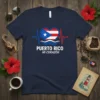 Navy t-shirt with "PUERTO RICO MI CORAZÓN" text, a heart with Puerto Rico flag, and a heartbeat graphic