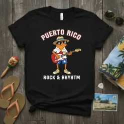 Puerto Rico Rock & Rhythm T-Shirt with a cartoon coqui playing a guitar, wearing sunglasses and shorts